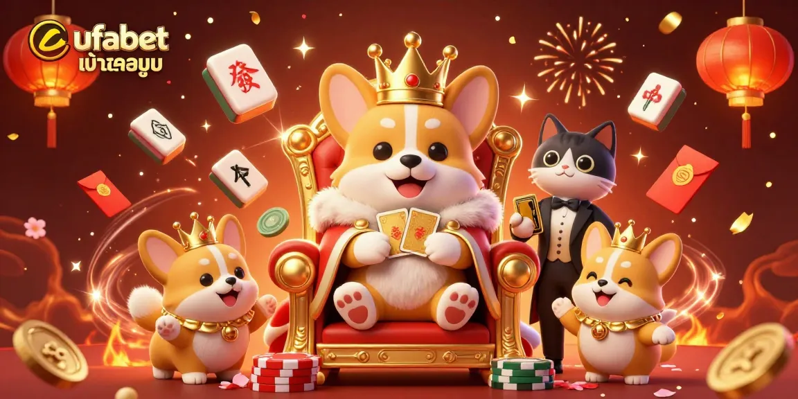 Experience the excitement of ufabet เข้าสู่ระบบ with a royal corgi and vibrant casino elements.
