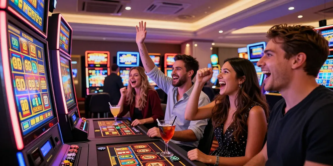 Menang slot jackpot di mesin slot dengan teman-teman di kasino yang ramai.