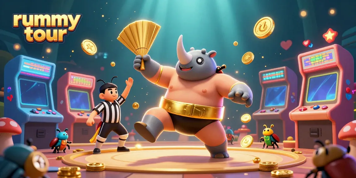 Rummy tour menampilkan juara beetle sumo 3D dengan koin emas terbang dan penonton kecil di kursi jamur.