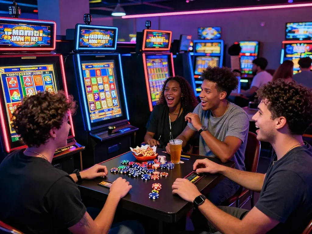 Pengalaman bermain Slot yang menyenangkan dengan teman-teman di lounge gaming yang cerah.