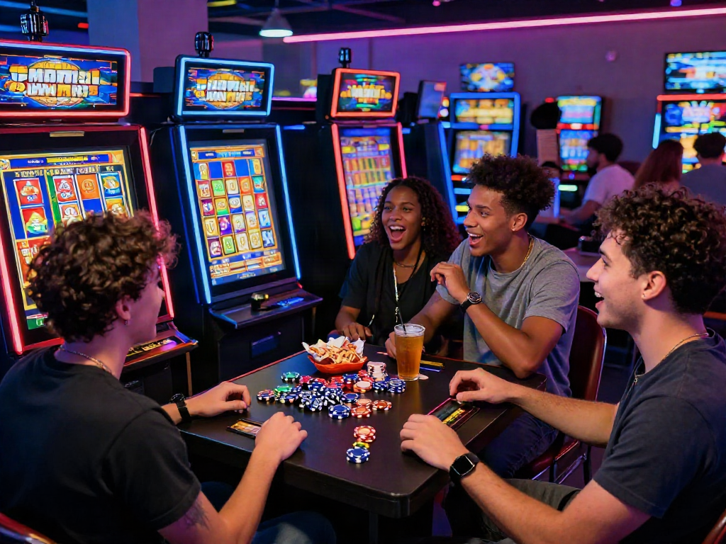 Pengalaman bermain Slot yang menyenangkan dengan teman-teman di lounge gaming yang cerah.