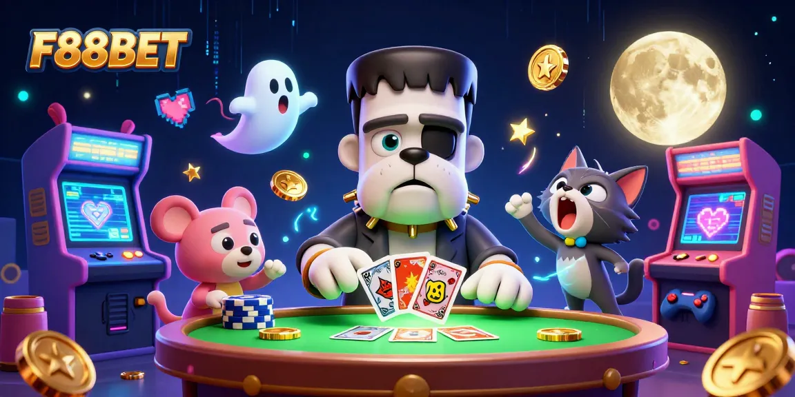 F88BET offers an engaging casino experience with cartoon characters at a spooky gaming table, filled with action.