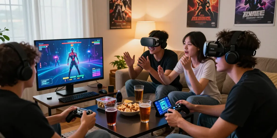 Friends enjoying mind control porn game in a lively gaming setup.