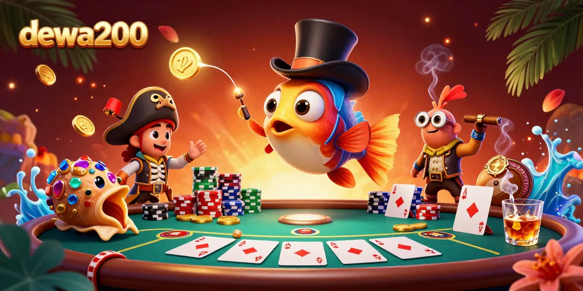 Menggoda keberuntungan dengan dewa200 saat anglerfish dan karakter lainnya bermain poker dalam ilustrasi mewah.