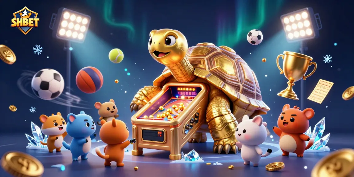 SHBET showcases an exciting 3D casino scene filled with sports balls, golden tortoise, and vibrant gaming elements.