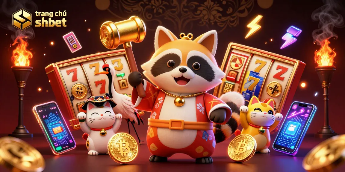 Play thrilling games at trang chủ shbet with the cheerful tanuki holding a lucky mallet, amidst vibrant casino elements.