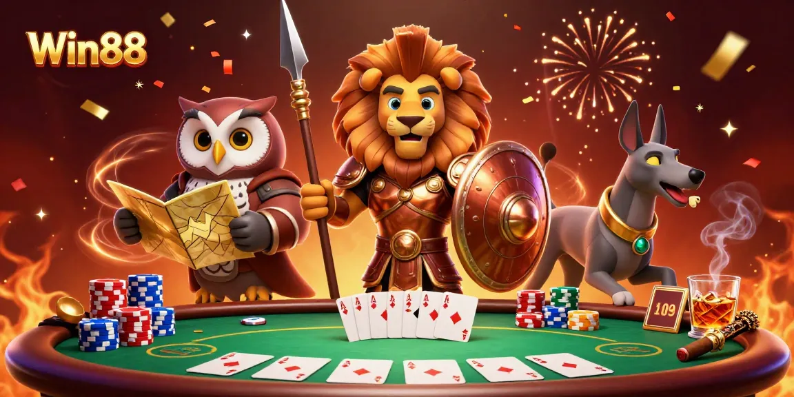 Experience exhilarating wins at Win88 with a vibrant 3D casino scene featuring poker elements.