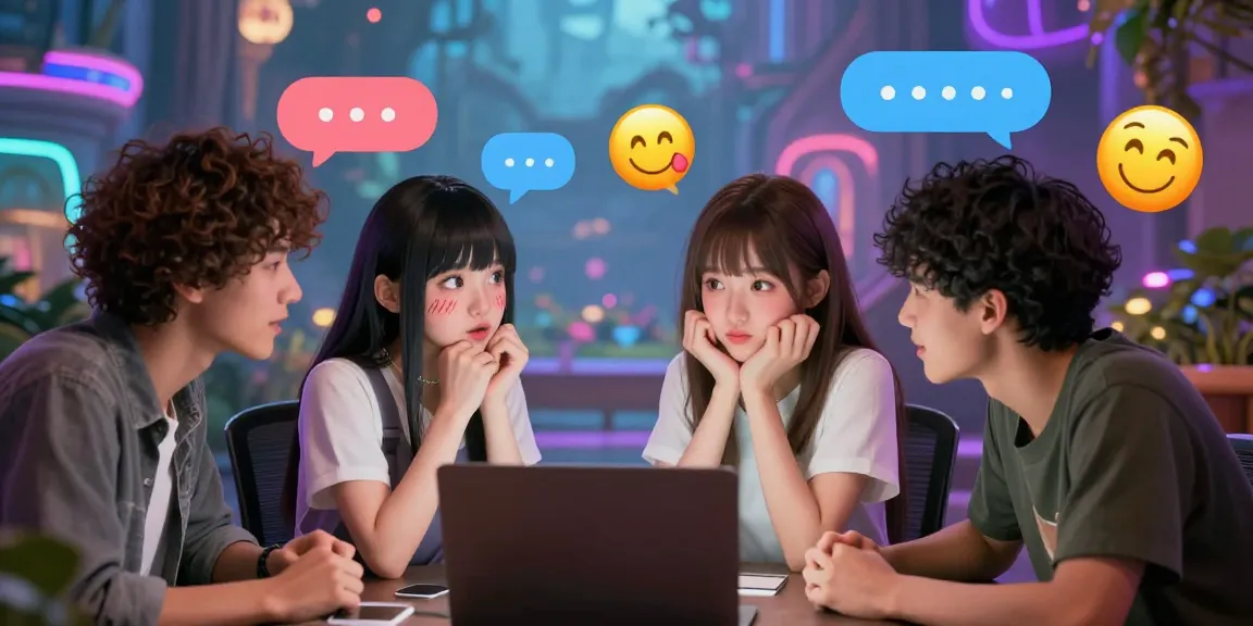 A lively scene of animated characters engaged in hentai chat, showcasing playful interactions and expressions in a colorful digital environment.