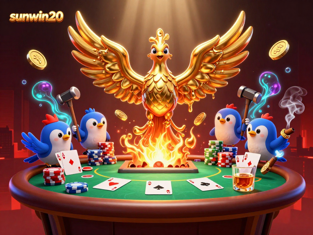Experience exciting gameplay with sunwin20, featuring a golden phoenix, poker, and vibrant casino elements.