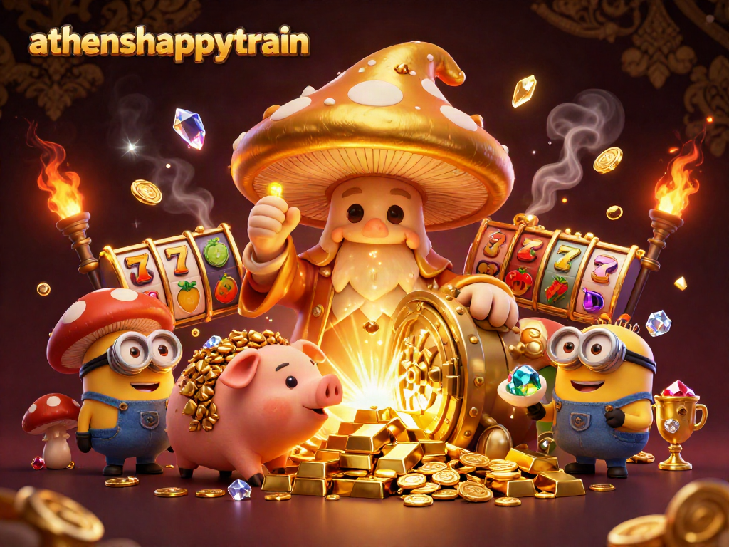 Experience the magic of athenshappytrain with golden mushrooms and slot reels in this vibrant illustration.
