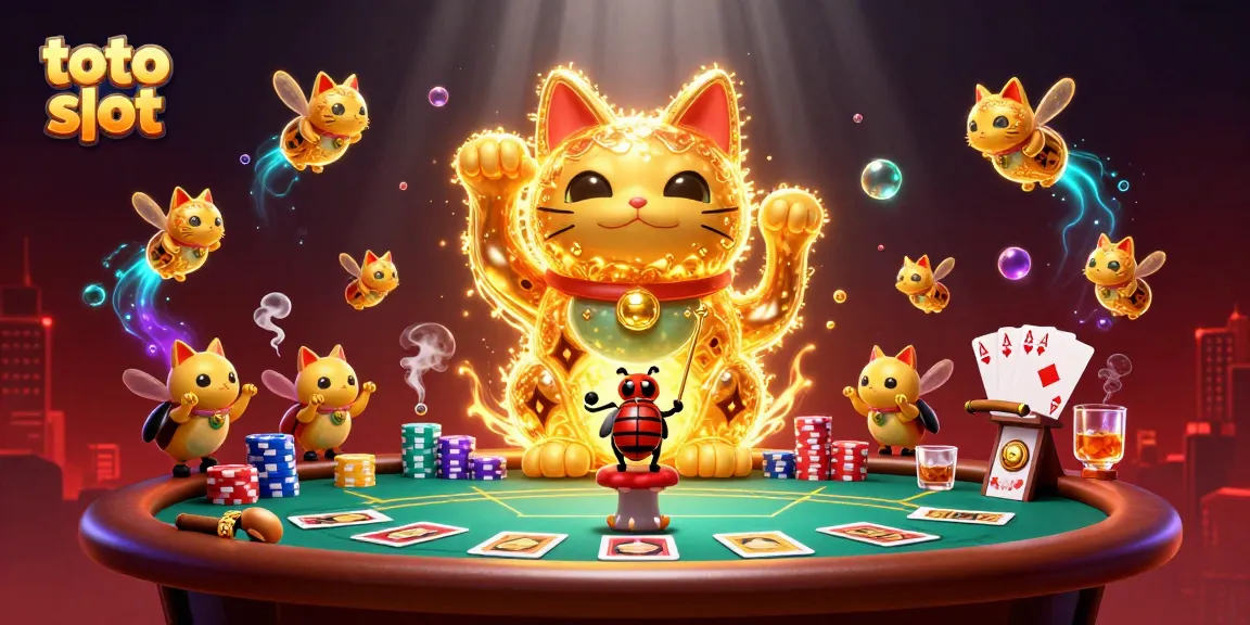Experience the thrill of toto slot with a vibrant, dynamic illustration showcasing a giant lucky cat and engaging casino elements.