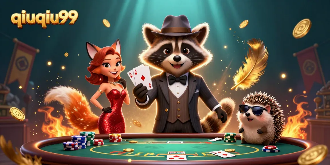 Play poker in style with qiuqiu99's charming raccoon and fox characters amidst a vibrant casino scene.