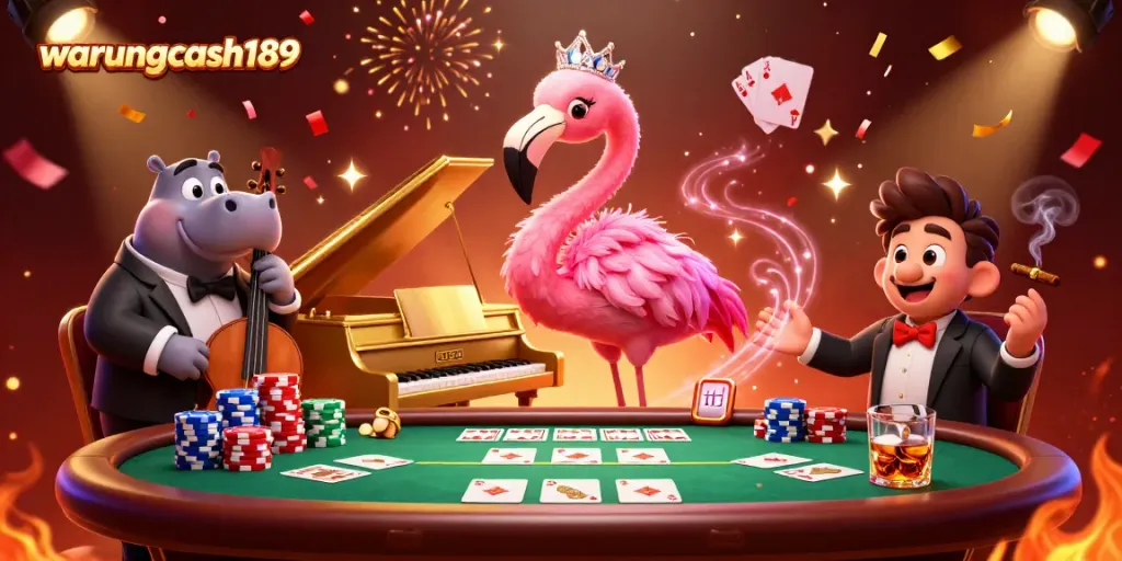 Experience the thrill with warungcash189 as lively flamingo and hippo animate the casino vibes.