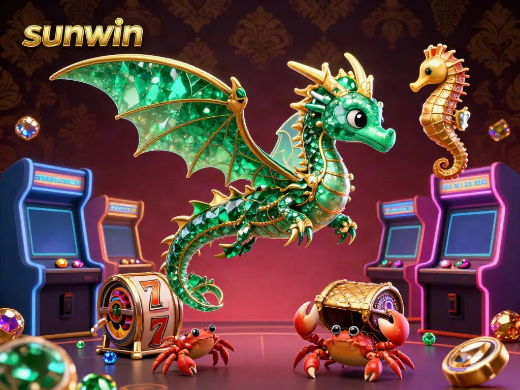 Experience the thrill of winning at sunwin with a vibrant 3D casino scene featuring an emerald dragon, seahorse guards, and treasure.