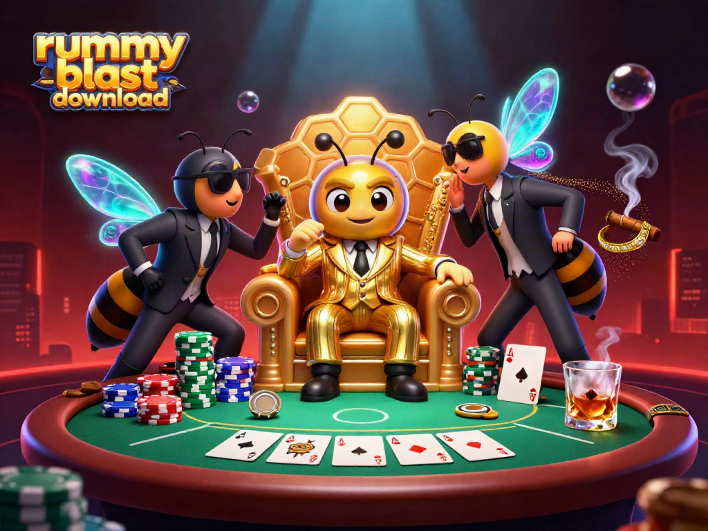 Experience the thrill of rummy blast download with a vibrant 3D illustration of a bee mob boss in a casino setting.