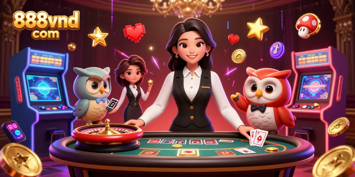 Experience the thrill of 888vnd com with a vibrant casino scene showcasing dealers and exciting games.