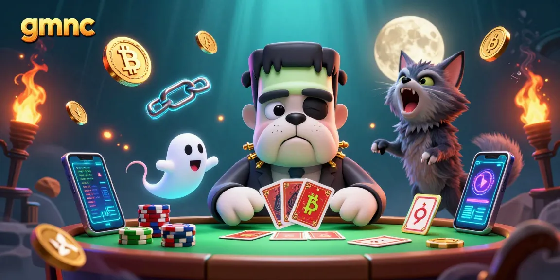 Win big with gmnc at a vibrant casino scene featuring unique fantasy characters and crypto elements
