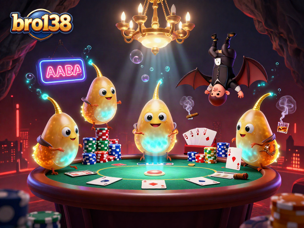 Experience thrilling games at bro138 with a vibrant 3D casino scene featuring glowworms and a bat dealer.