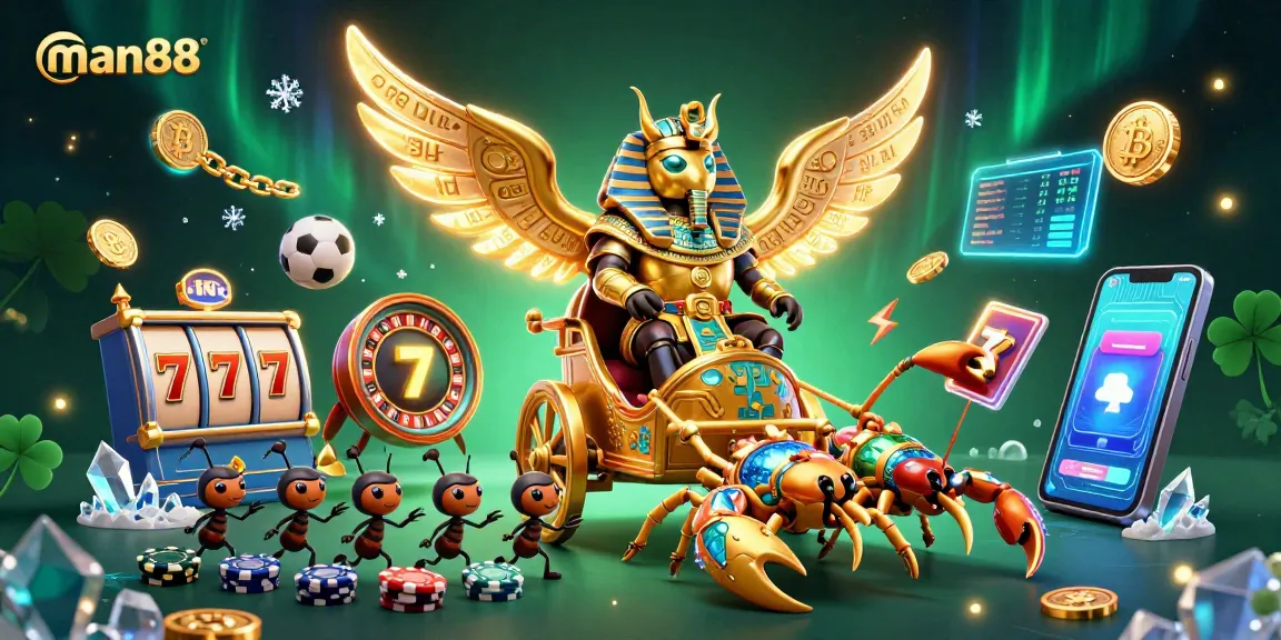 Experience the excitement of man88's vibrant gambling scene featuring a colossal golden scarab beetle and slot reels.