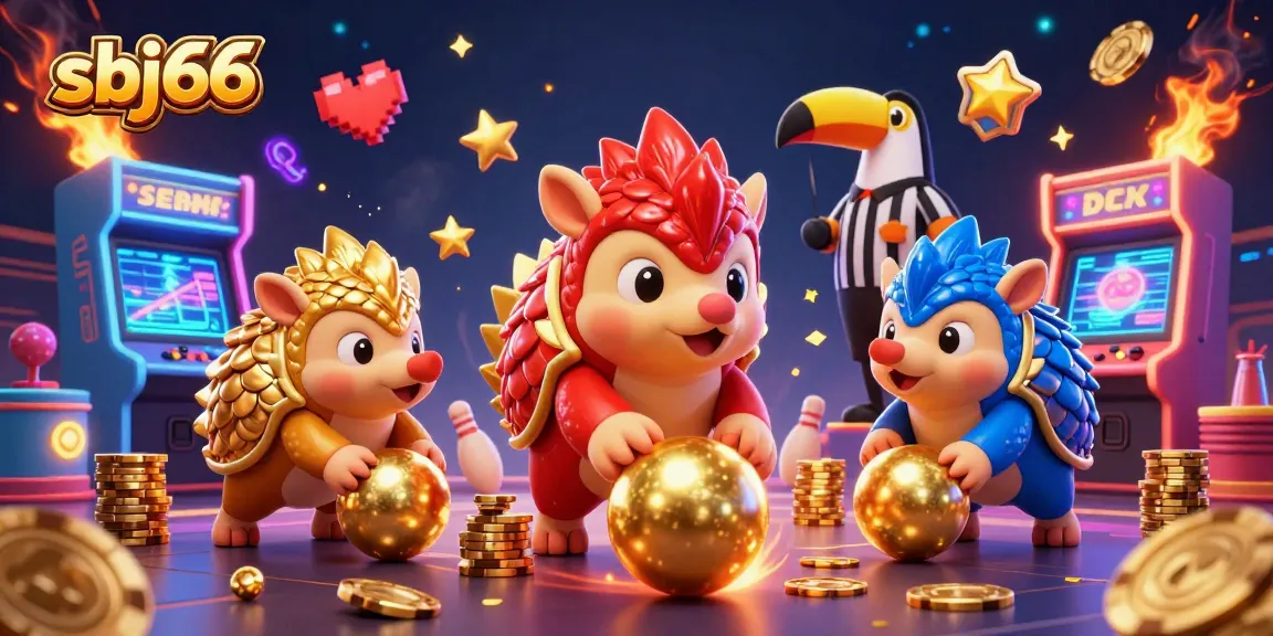 Join the excitement at sbj66 with colorful pangolins bowling through poker chips in a lively casino scene.
