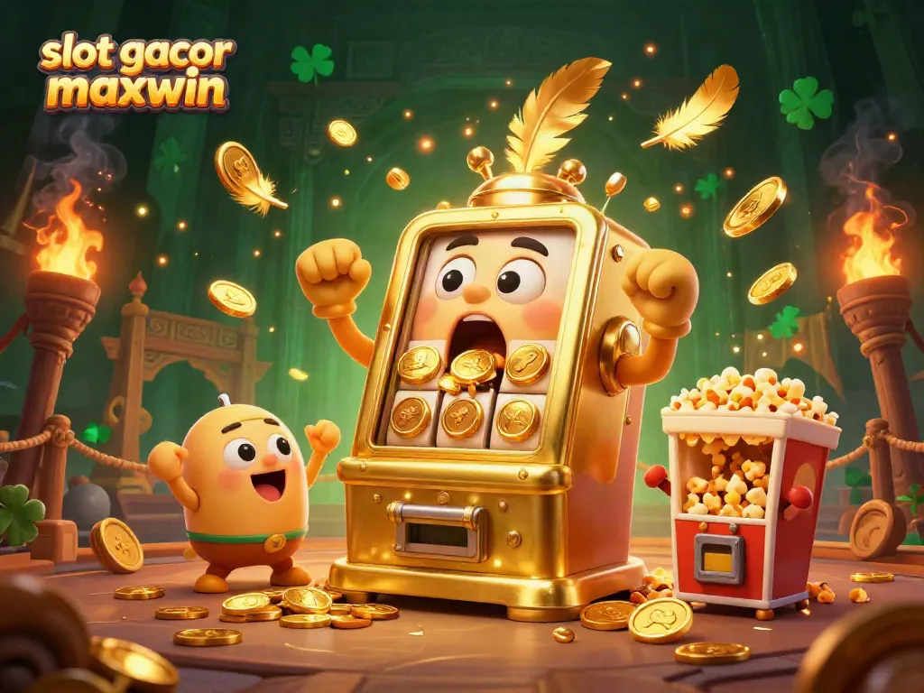 Slot gacor maxwin menunjukkan mesin slot emas mengejutkan kemenangan dengan koin berhamburan.
