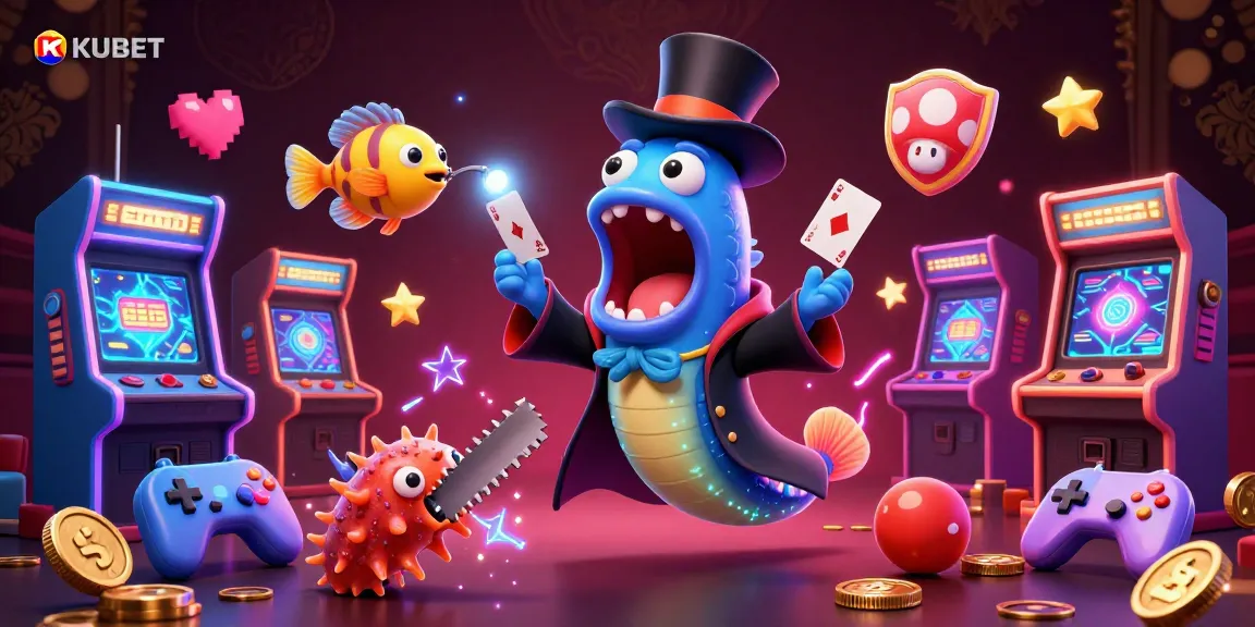KUBET showcases a vibrant casino scene with a magical eel performing tricks, set against a dynamic gaming backdrop.