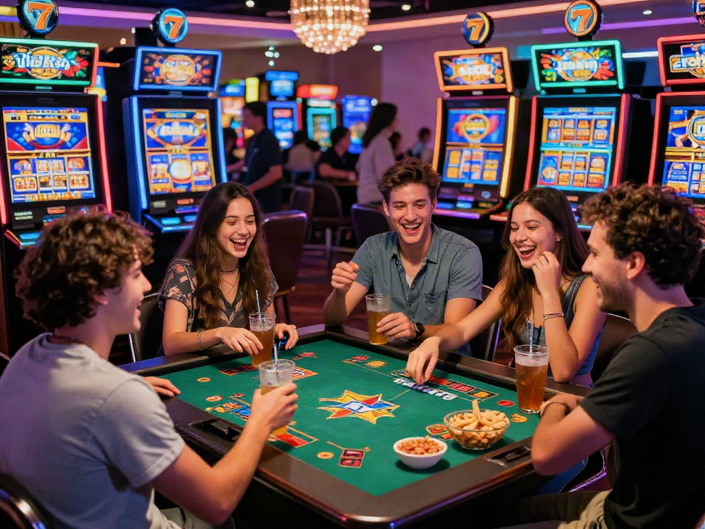 Friends celebrating with Lucky777 slot machines in a vibrant casino environment.