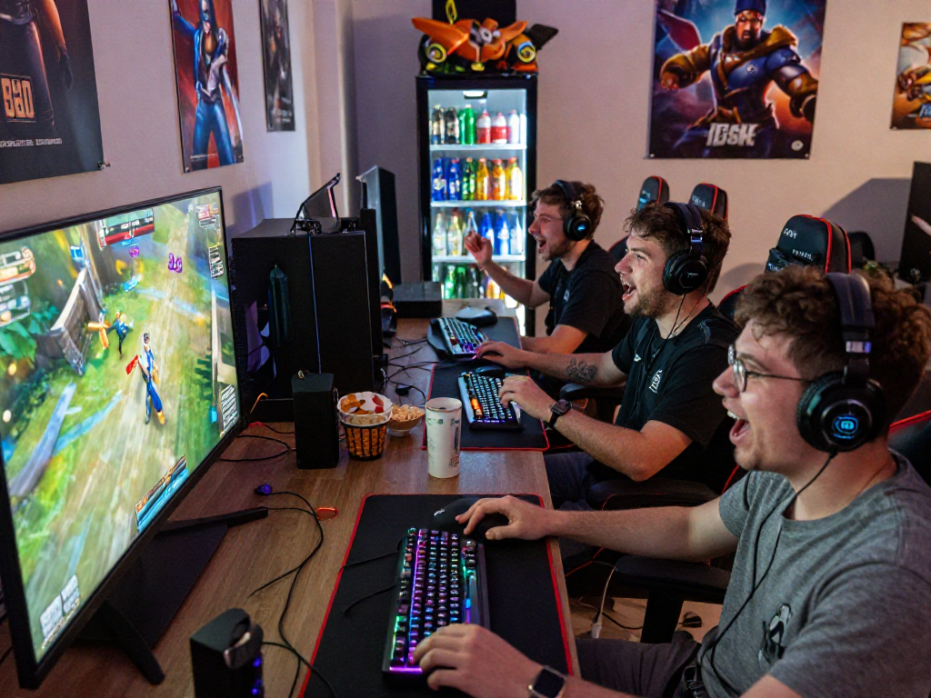 Friends enjoying fair play during a vibrant multiplayer gaming session with snacks and excitement
