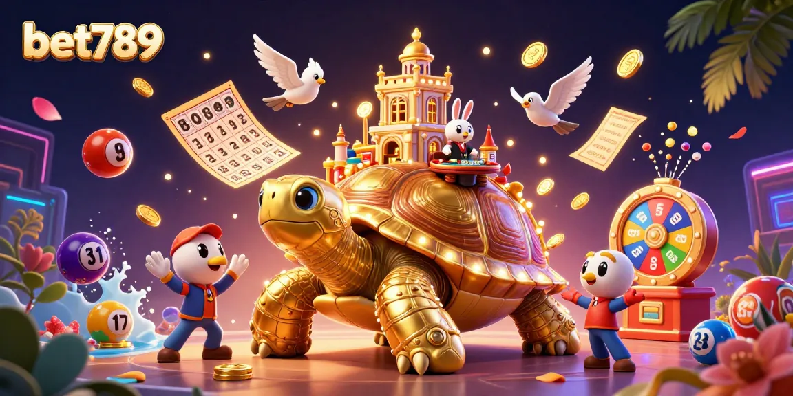 Engage with bet789 in a vivid 3D casino illustration showcasing a whimsical tortoise casino and vibrant game elements.