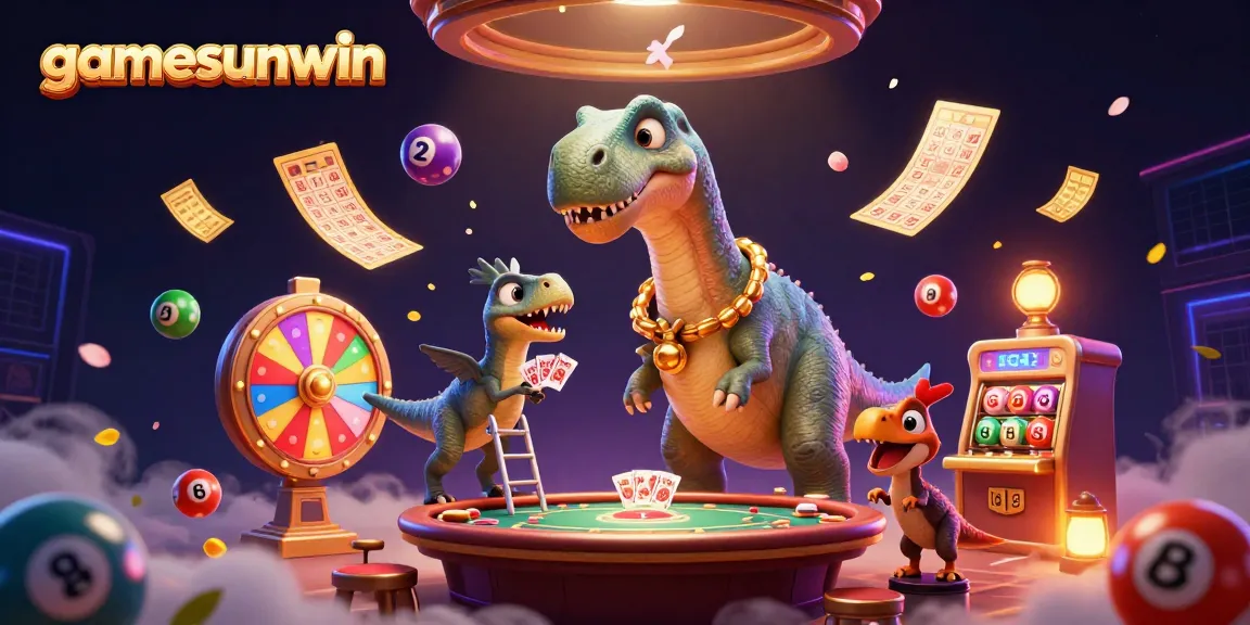 Experience the excitement of gamesunwin with a lively casino scene featuring vibrant lottery elements and a playful dinosaur
