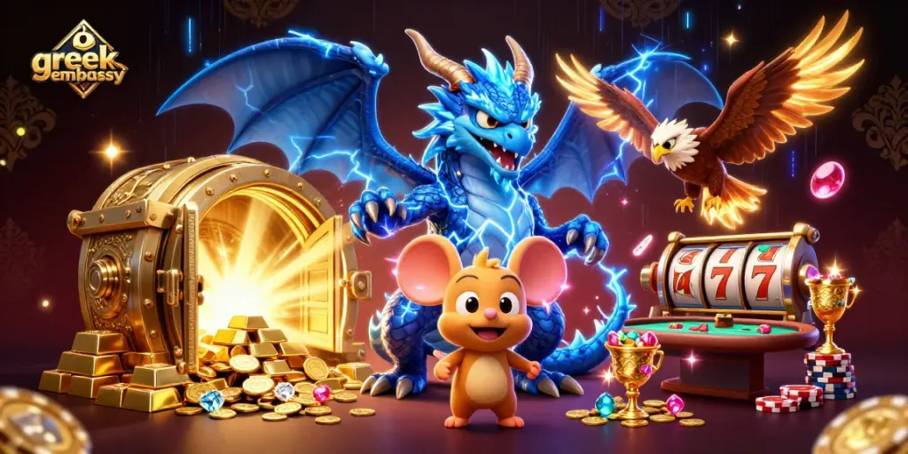 Gambar ilustrasi kasino 3D yang menampilkan greekembassy dengan naga, elang, dan tikus fajar, elemen kasino