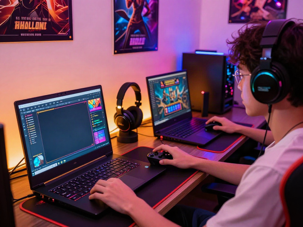 Engaging slot server Thailand gaming scene with a laptop showcasing vibrant graphics and a lively atmosphere.