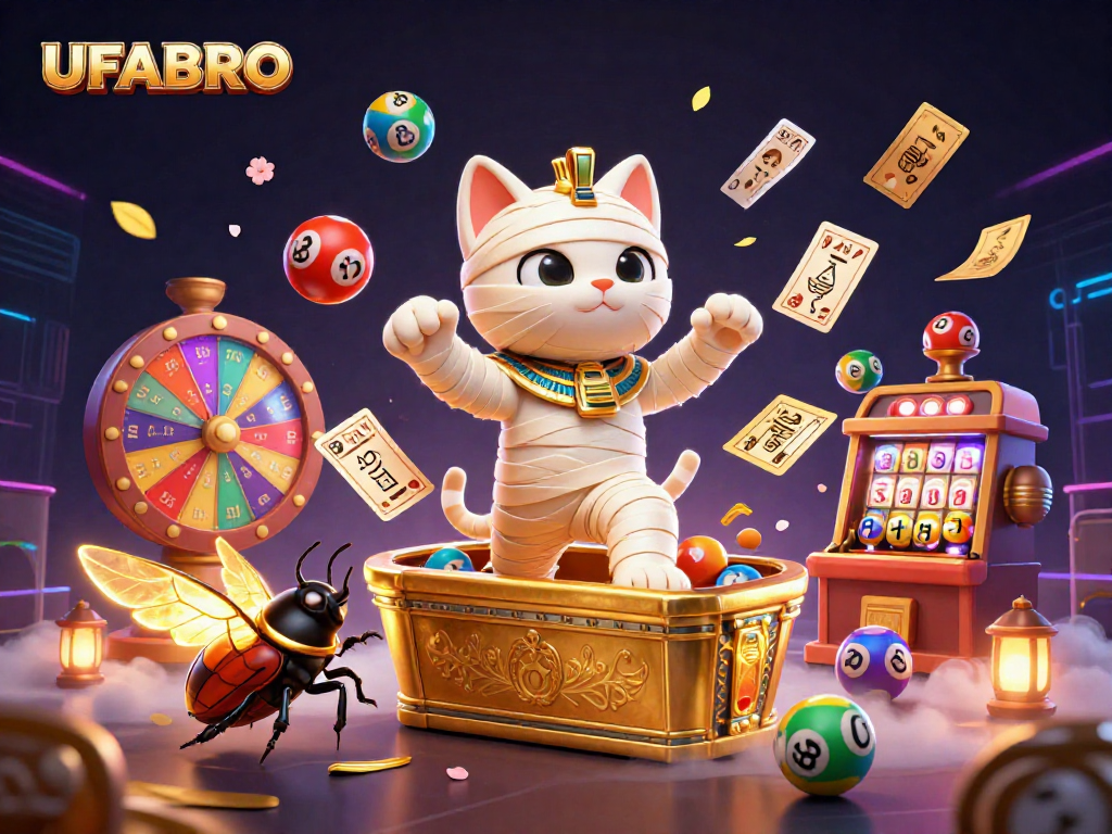 Experience UFABRO's thrilling casino adventure with a mummy cat and glowing scarab amid vibrant gambling elements.