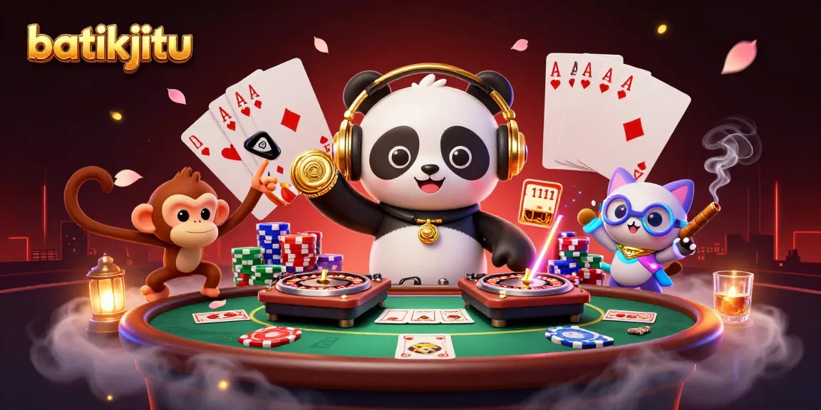 Batikjitu menarik perhatian dengan karakter kartun DJ panda, monyet breakdance, dan anak kucing berlampu glow-stick dalam suasana kasino yang dinamis.
