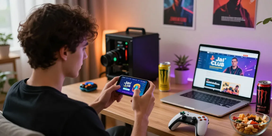 Engaging young adult playing Jai Club login on smartphone in cozy gaming setup.