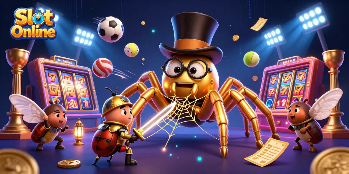 Play Slot Online with action-packed scenes featuring a golden tarantula and vibrant gaming elements.
