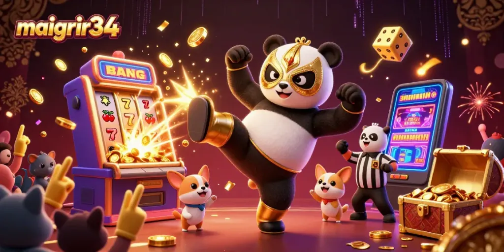 Maigrir34 offre une expérience de jeu captivante avec un panda en lutte masqué dans une scène de casino dynamique.