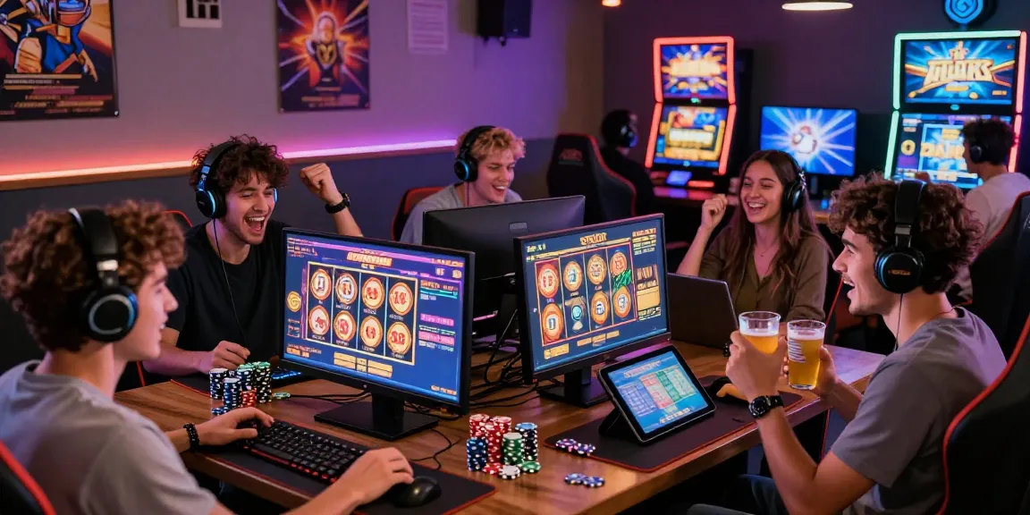 Engaged players enjoying slot online games at a vibrant gaming cafe setting, showcasing excitement and camaraderie in the online gaming culture.