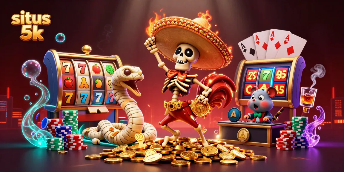 Experience the thrill of situs 5k with a dynamic 3D illustration showcasing casino elements and festive characters.