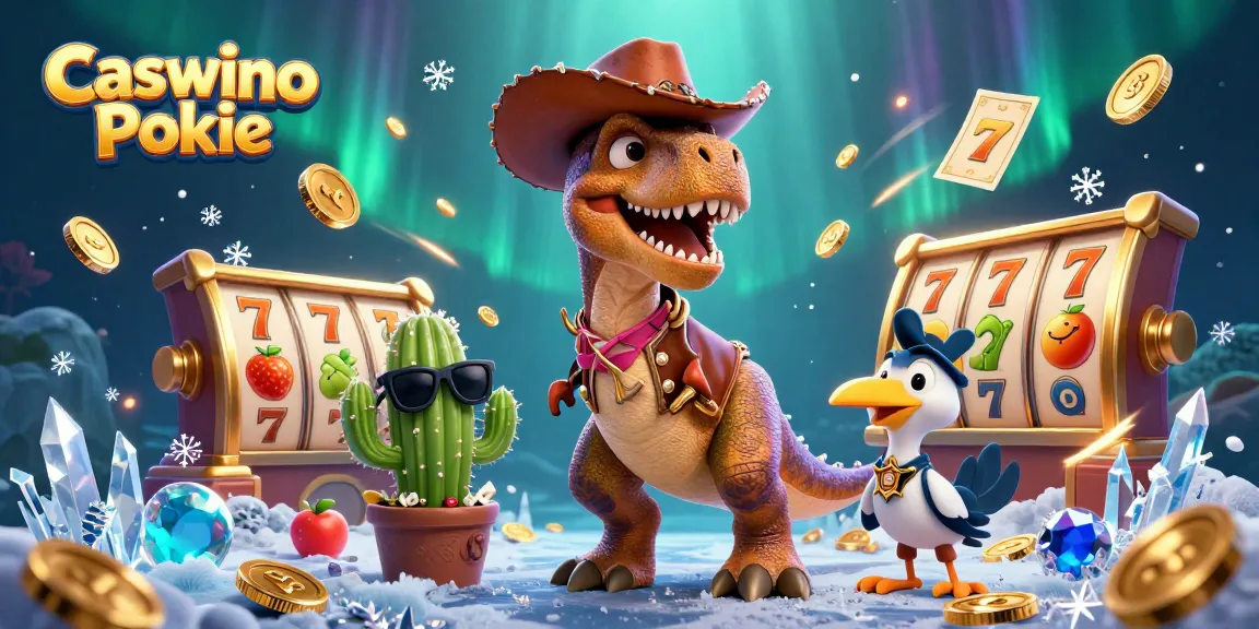 Experience the thrill of Caswino Pokie with dynamic slot reels and friendly characters in a vibrant casino scene.
