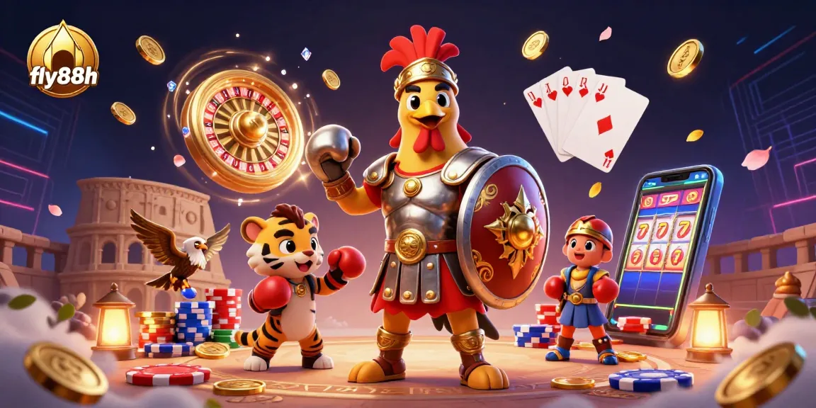 Experience the thrill of fly88h with a dynamic 3D gladiator rooster and casino elements in a vibrant arena.
