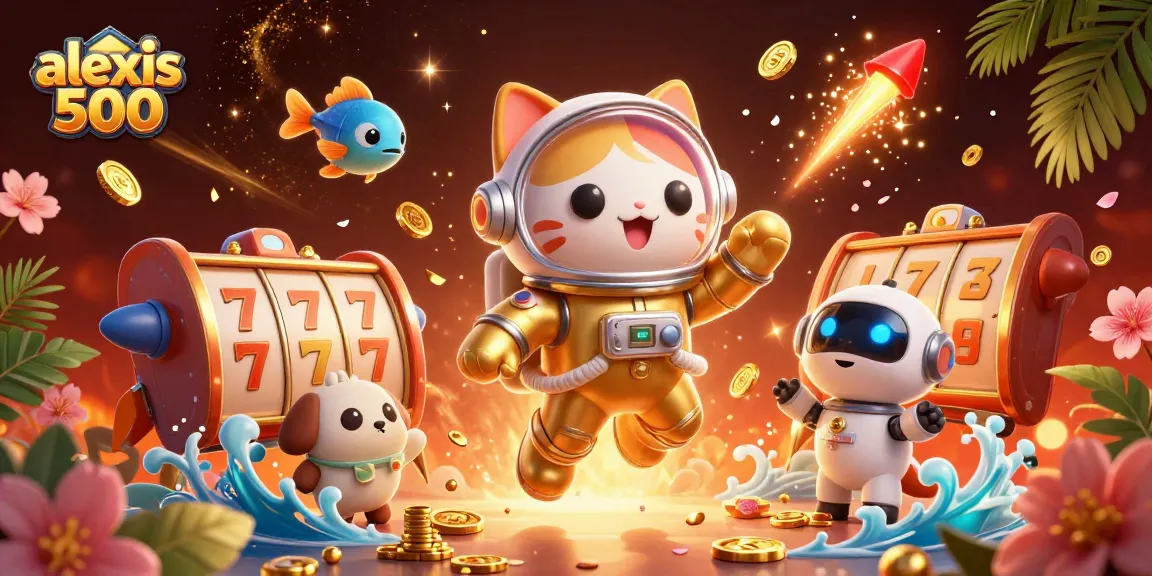Play exciting games with alexis 500, featuring vibrant characters and casino elements in a dynamic 3D scene.