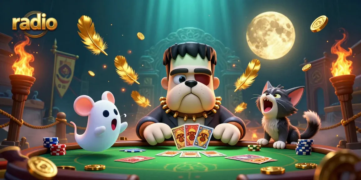 Experience radio gambling excitement with a cartoon bulldog dealing cards at a spooky table.