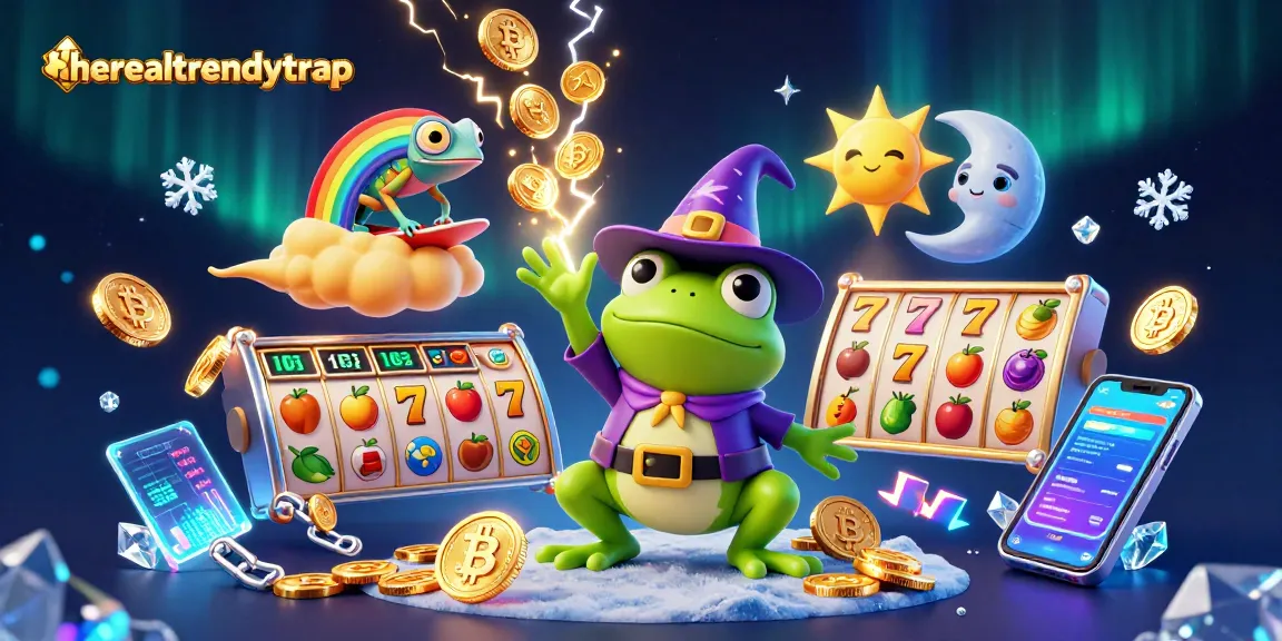 Menghadirkan keseruan bermain slot di therealtrendytrap dengan raja cuaca, kodok, dan chameleon berwarna-warni muncul dalam ilustrasi cerah dan dinamis.