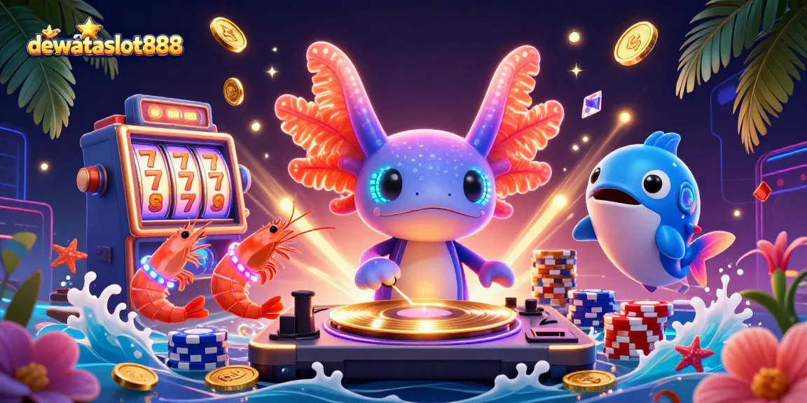 dewataslot888 menampilkan DJ axolotl neon dengan banyak permainan slot gacor dan koin emas berterbangan