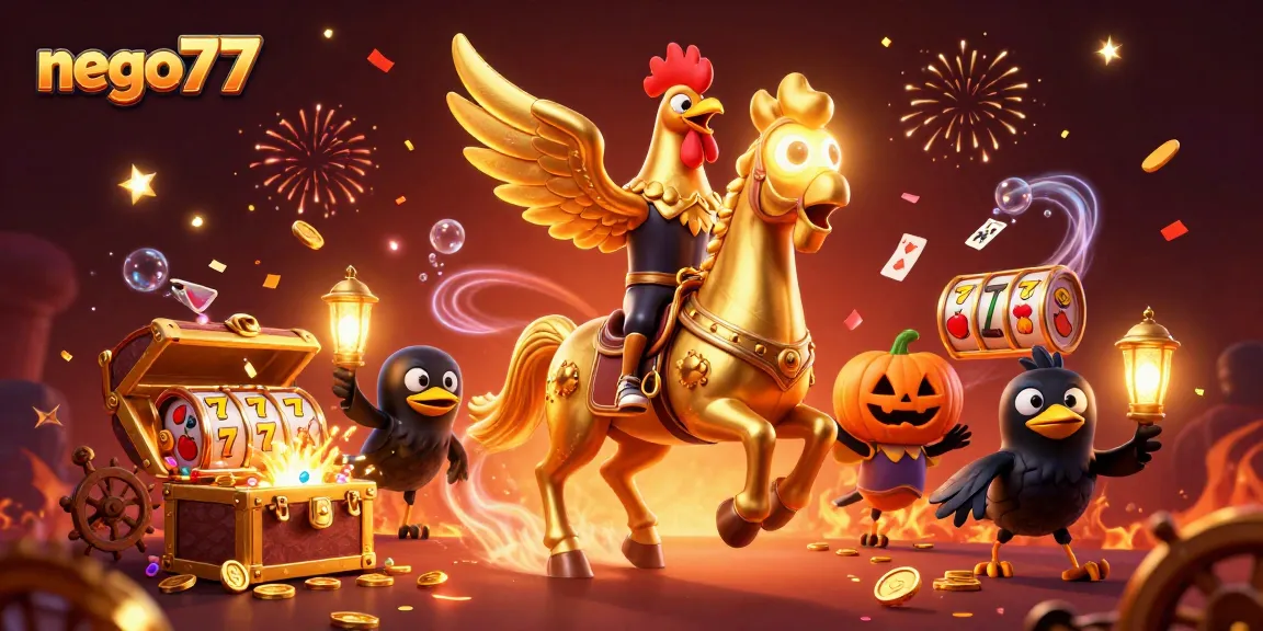 Experience thrilling action at nego77 with a dynamic 3D illustration of a golden rooster leading the fun in a casino.