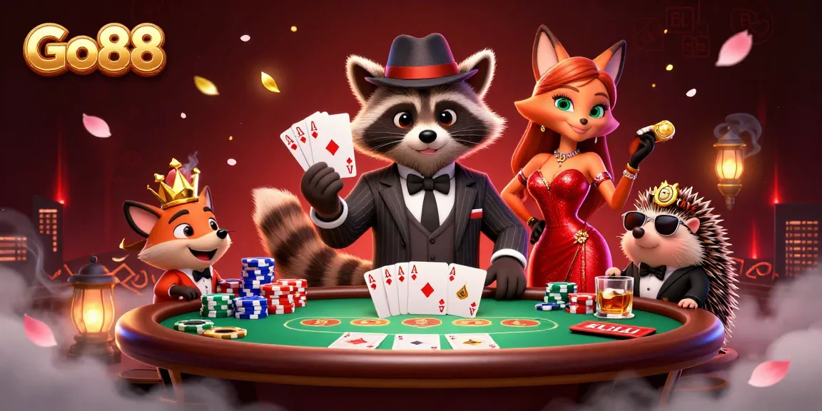 Join the gaming action with Go88 at this exciting poker scene featuring a suave raccoon and elegant fox.