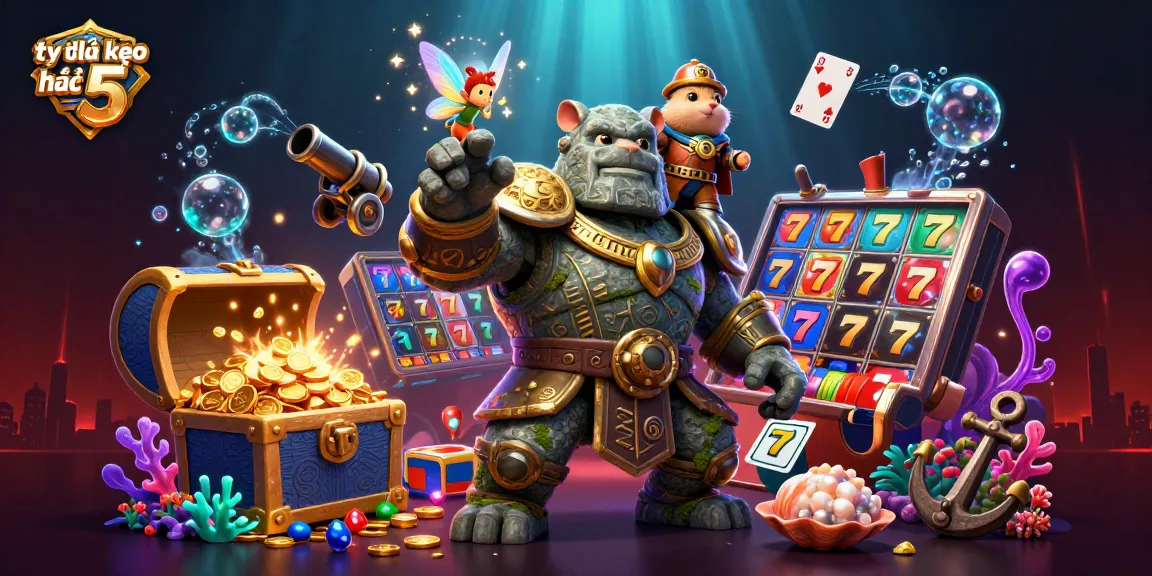 Tỷ lệ kèo nhà cái 5 features a dynamic 3D scene with a magical golem, fairy, and hamster knight amidst vibrant casino elements.