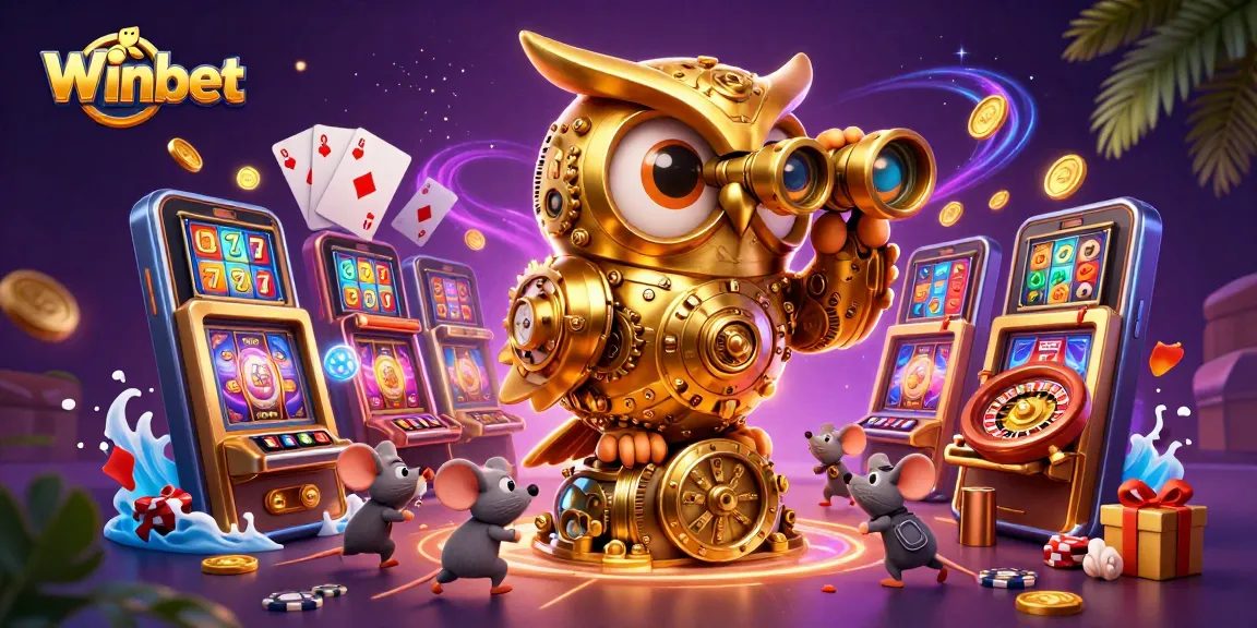 Winbet showcases a vibrant casino scene with golden owl among lively gaming elements and playful characters.