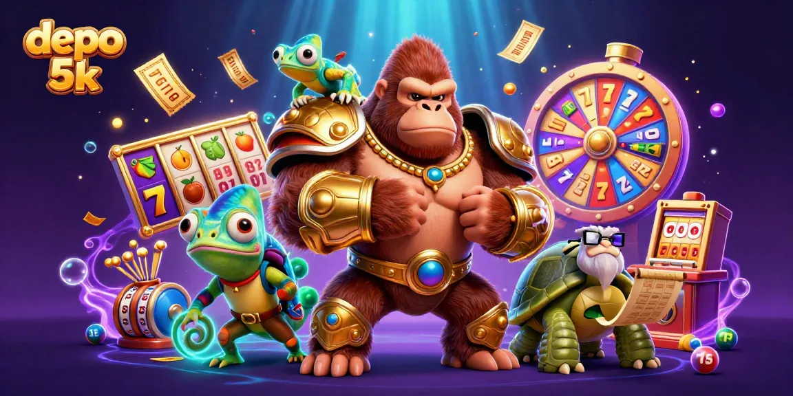 Experience the excitement of depo 5k slots with vibrant slot reels and a dynamic casino scene featuring engaging characters.